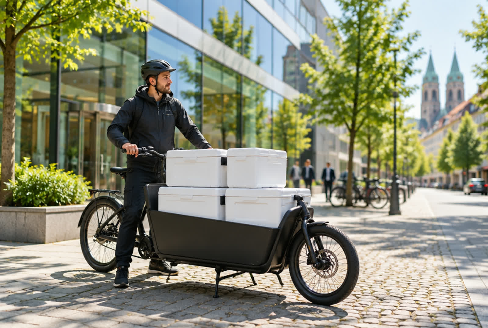 Lieferung per Lastenrad vor einem Bürogebäude