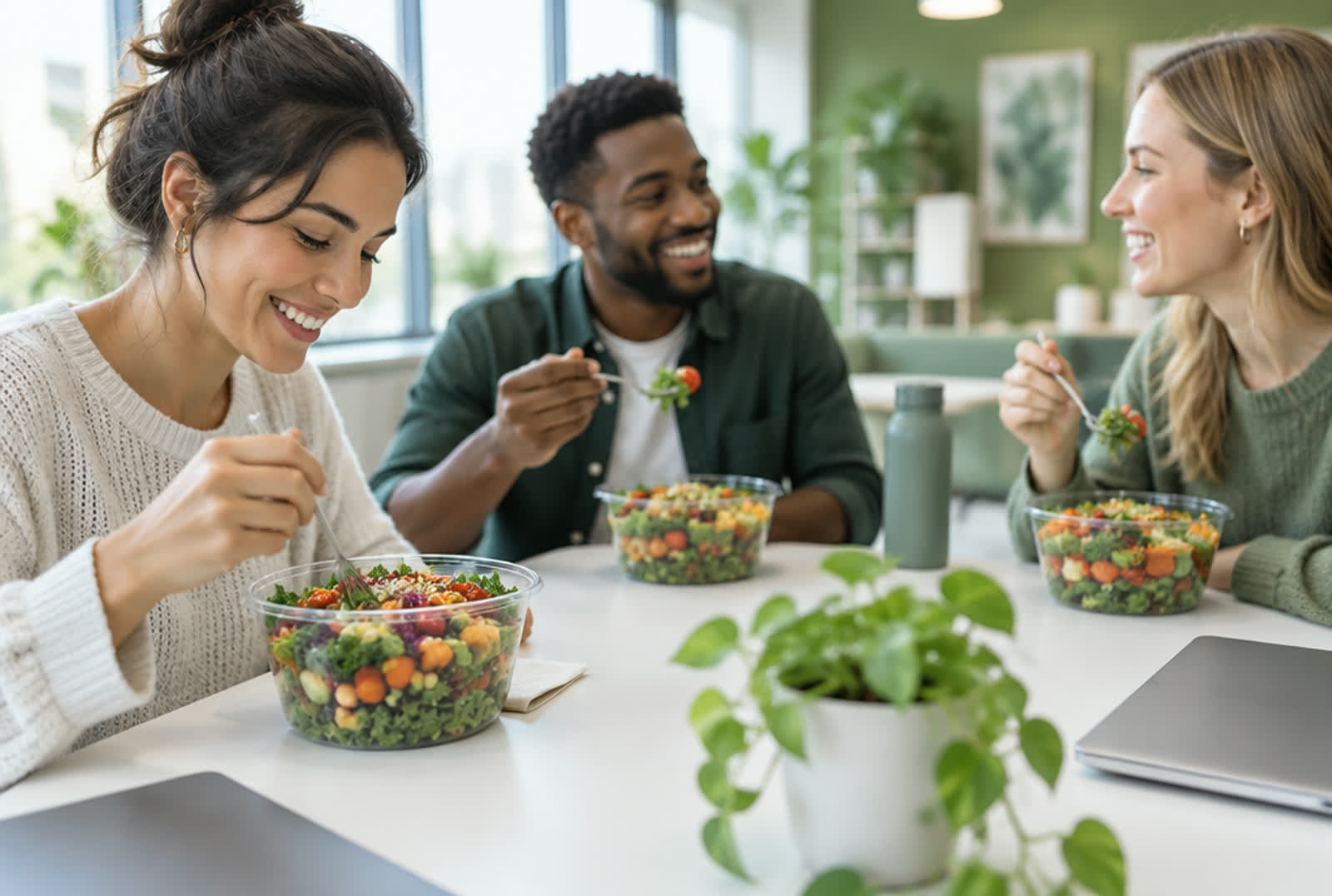 Team isst gemeinsam Bowls im Büro